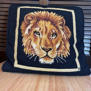 Vintage Handmade Lion Wool Needlepoint Pillow Black Gold Accent Throw Pillow